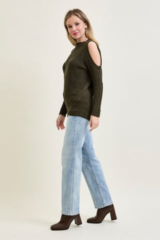 Cold Shoulder Cable Pullover Green Sweater