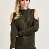 Cold Shoulder Cable Pullover Green Sweater