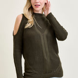 Cold Shoulder Cable Pullover Green Sweater