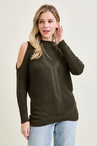 Cold Shoulder Cable Pullover Green Sweater