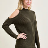 Cold Shoulder Cable Pullover Green Sweater