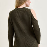 Cold Shoulder Cable Pullover Green Sweater