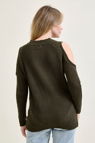 Cold Shoulder Cable Pullover Green Sweater