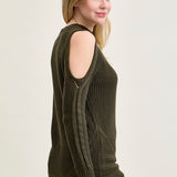 Cold Shoulder Cable Pullover Green Sweater