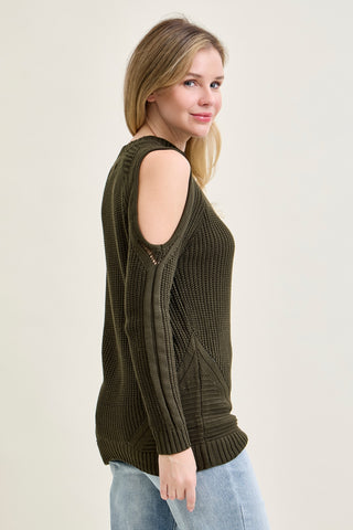 Cold Shoulder Cable Pullover Green Sweater