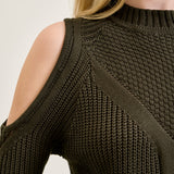 Cold Shoulder Cable Pullover Green Sweater