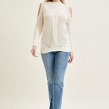 Cold Shoulder Cable Pullover White Sweater