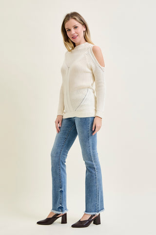 Cold Shoulder Cable Pullover White Sweater