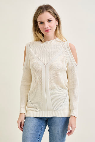 Cold Shoulder Cable Pullover White Sweater