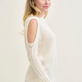 Cold Shoulder Cable Pullover White Sweater