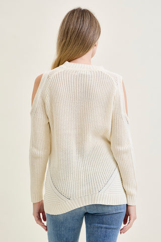 Cold Shoulder Cable Pullover White Sweater
