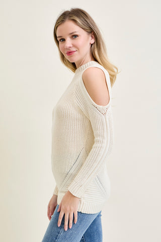 Cold Shoulder Cable Pullover White Sweater
