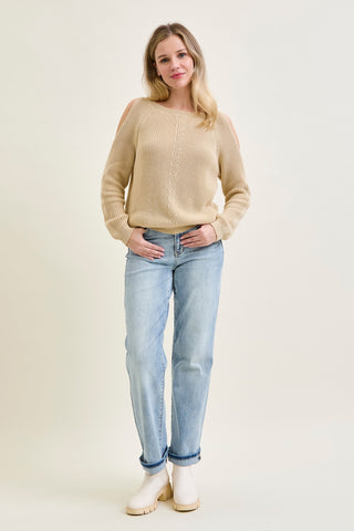 Chevron Stitch Cold Shoulder Beige Sweater