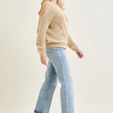 Chevron Stitch Cold Shoulder Beige Sweater