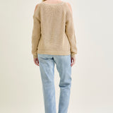 Chevron Stitch Cold Shoulder Beige Sweater