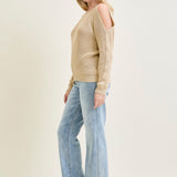 Chevron Stitch Cold Shoulder Beige Sweater