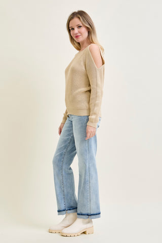 Chevron Stitch Cold Shoulder Beige Sweater