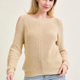 Chevron Stitch Cold Shoulder Beige Sweater