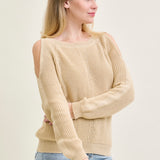 Chevron Stitch Cold Shoulder Beige Sweater