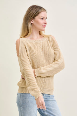 Chevron Stitch Cold Shoulder Beige Sweater