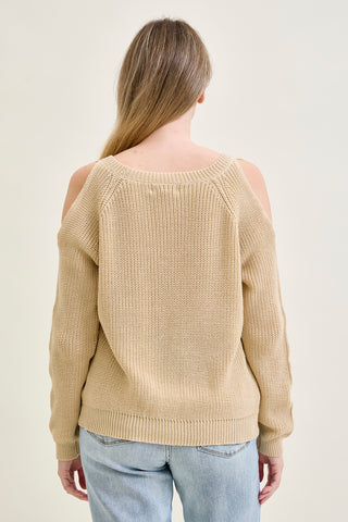 Chevron Stitch Cold Shoulder Beige Sweater