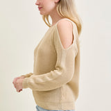 Chevron Stitch Cold Shoulder Beige Sweater