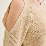Chevron Stitch Cold Shoulder Beige Sweater