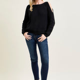 Chevron Stitch Cold Shoulder Black Sweater