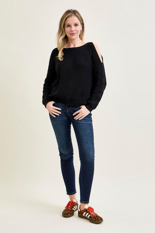 Chevron Stitch Cold Shoulder Black Sweater