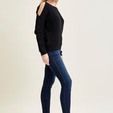 Chevron Stitch Cold Shoulder Black Sweater
