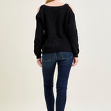 Chevron Stitch Cold Shoulder Black Sweater