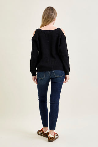 Chevron Stitch Cold Shoulder Black Sweater
