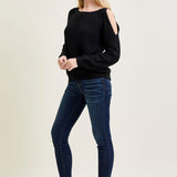 Chevron Stitch Cold Shoulder Black Sweater