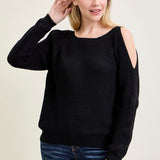 Chevron Stitch Cold Shoulder Black Sweater
