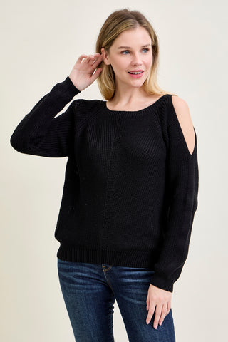 Chevron Stitch Cold Shoulder Black Sweater