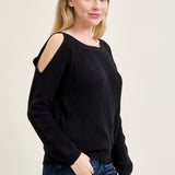 Chevron Stitch Cold Shoulder Black Sweater