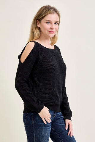 Chevron Stitch Cold Shoulder Black Sweater