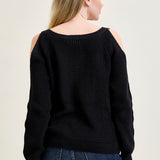 Chevron Stitch Cold Shoulder Black Sweater