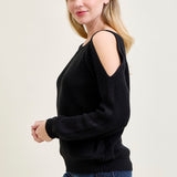 Chevron Stitch Cold Shoulder Black Sweater