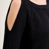 Chevron Stitch Cold Shoulder Black Sweater