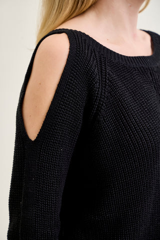 Chevron Stitch Cold Shoulder Black Sweater