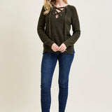 V-Neck Lace-Up Cold Shoulder Green Sweater