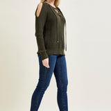 V-Neck Lace-Up Cold Shoulder Green Sweater