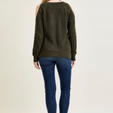 V-Neck Lace-Up Cold Shoulder Green Sweater