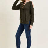 V-Neck Lace-Up Cold Shoulder Green Sweater