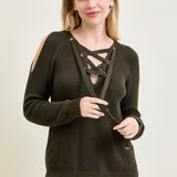 V-Neck Lace-Up Cold Shoulder Green Sweater
