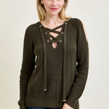 V-Neck Lace-Up Cold Shoulder Green Sweater