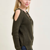 V-Neck Lace-Up Cold Shoulder Green Sweater