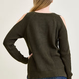 V-Neck Lace-Up Cold Shoulder Green Sweater