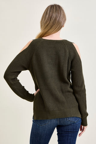 V-Neck Lace-Up Cold Shoulder Green Sweater